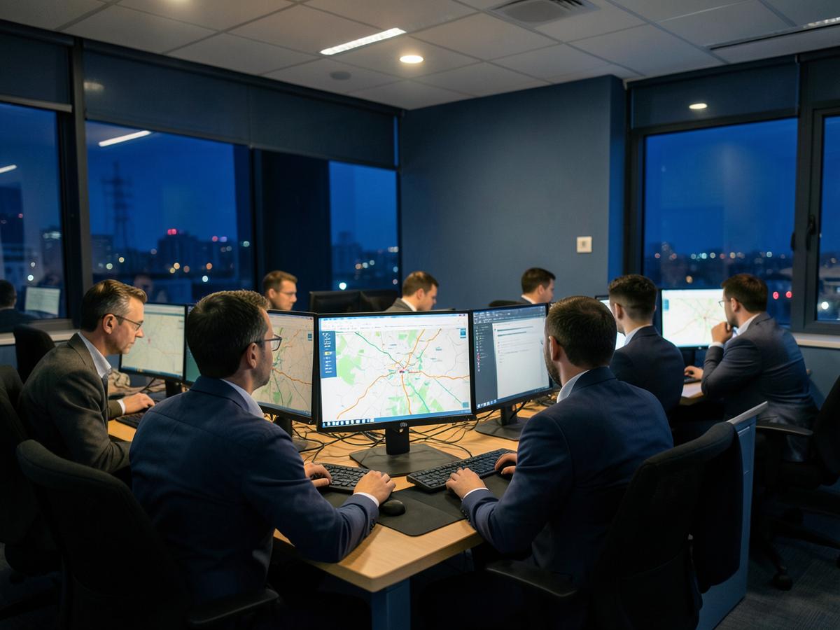 Dispatch team monitoring routes on screens at night