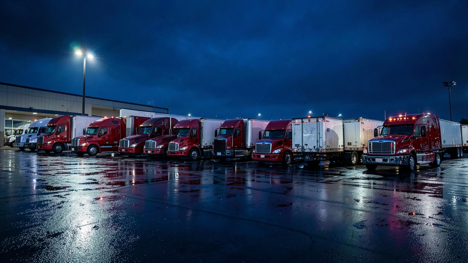Fleet of semi trucks parked at a freight terminal at blue hour