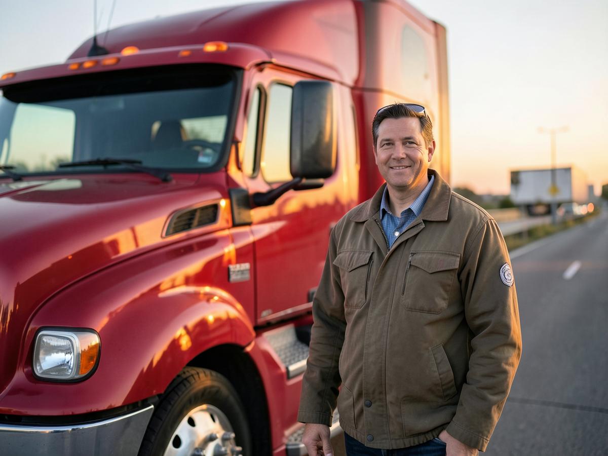 Truck driver standing beside the cab of a red semi truck at sunrise