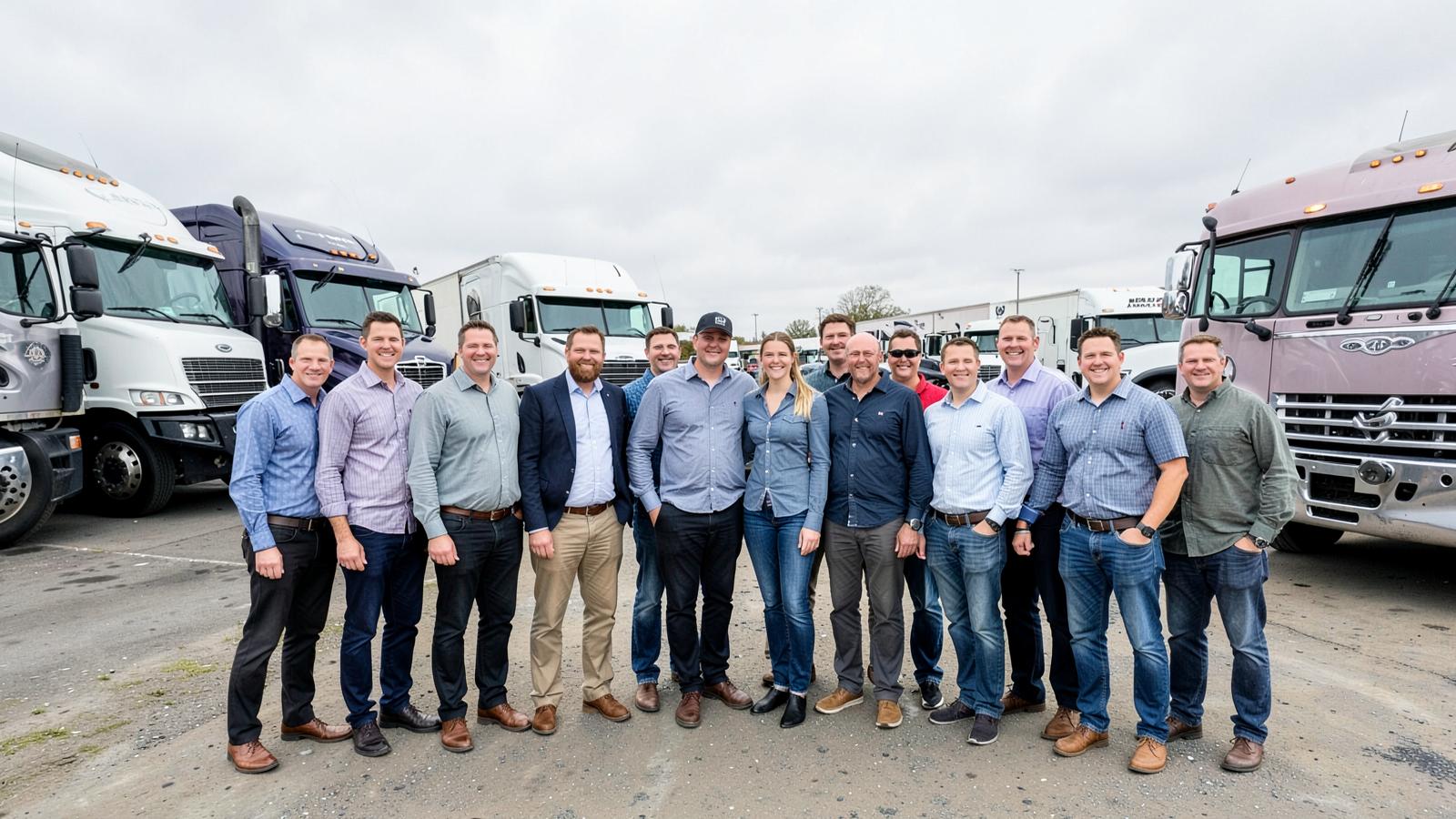 Transportation company team standing together in a truck yard